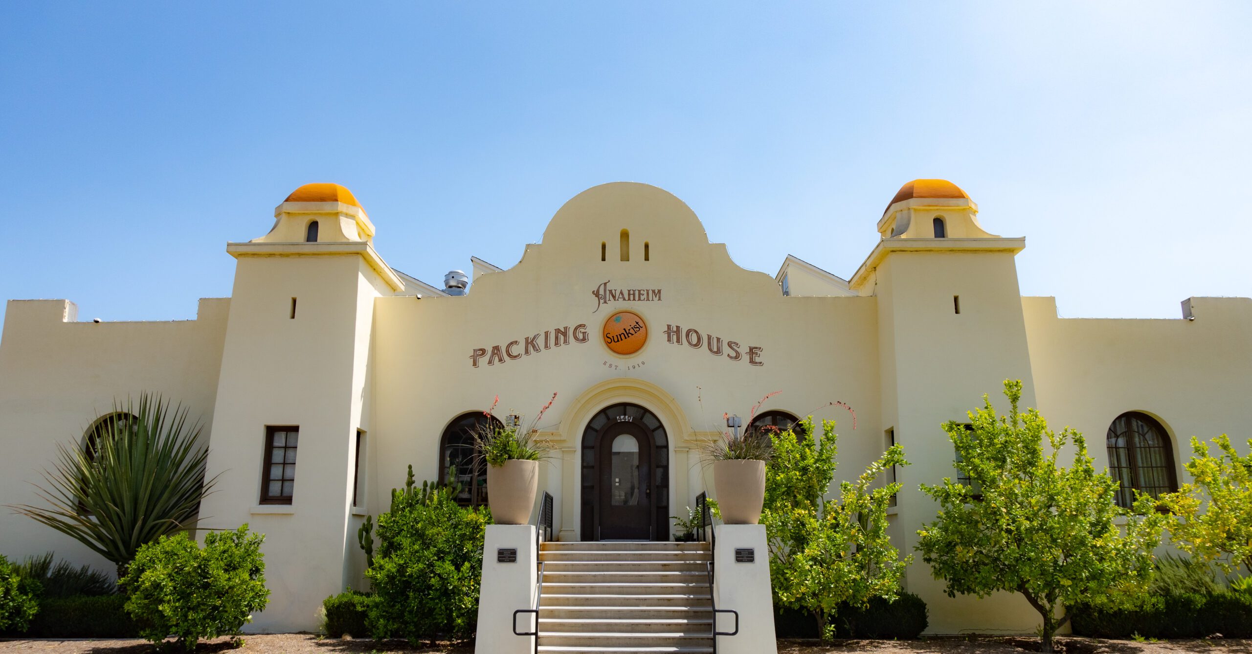 Side entrance leading up to the Spanish-Colonial-Style building, the Anaheim Packing House