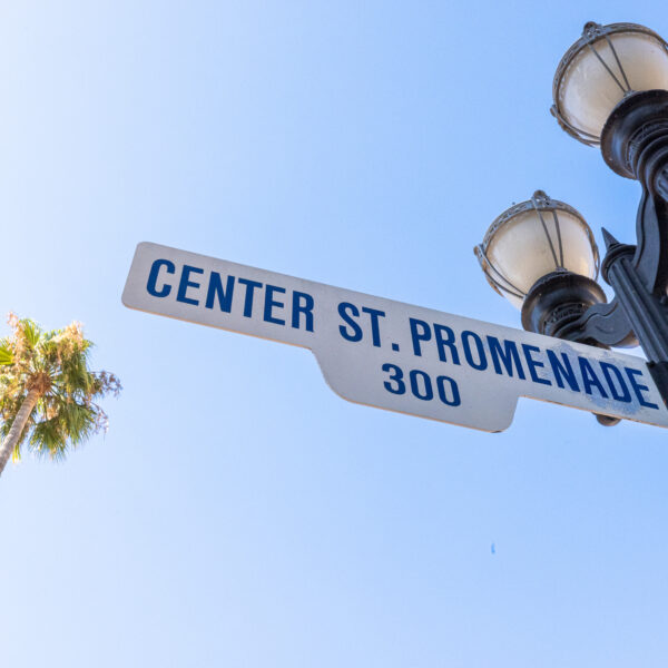 Street Sign, with the cross streets of Center Street Promenade and South Clementine, with a sunny blue sky background and a palm tree in the distance.