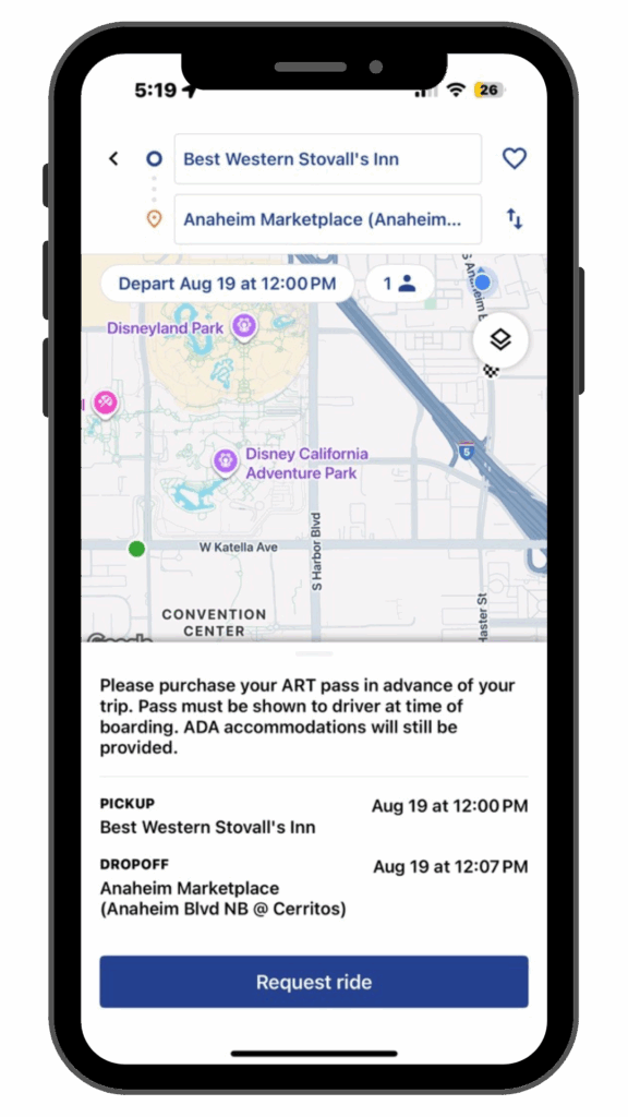 Smartphone with the ART On-Demand request form on the screen